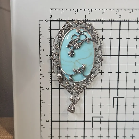 Turquoise & Marcasite Sterling Silver Pendant Floral & Leaf Design 925